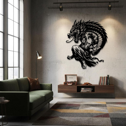 Martial Artist and Dragon Metal Wall Art