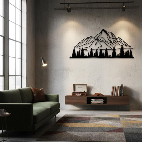 Minimalist Mountain and Pine Trees Metal Wall Art