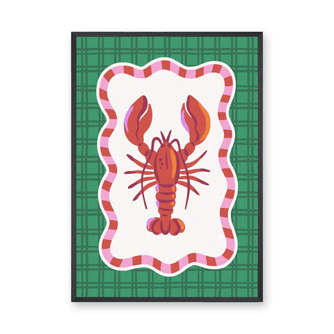 Lobster Modern Wall Art – Red Seafood Print on Green Plaid