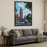London Big Ben Retro Wall Art – Pixel Cityscape with Red Bus