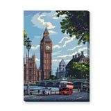 London Big Ben Retro Wall Art – Pixel Cityscape with Red Bus