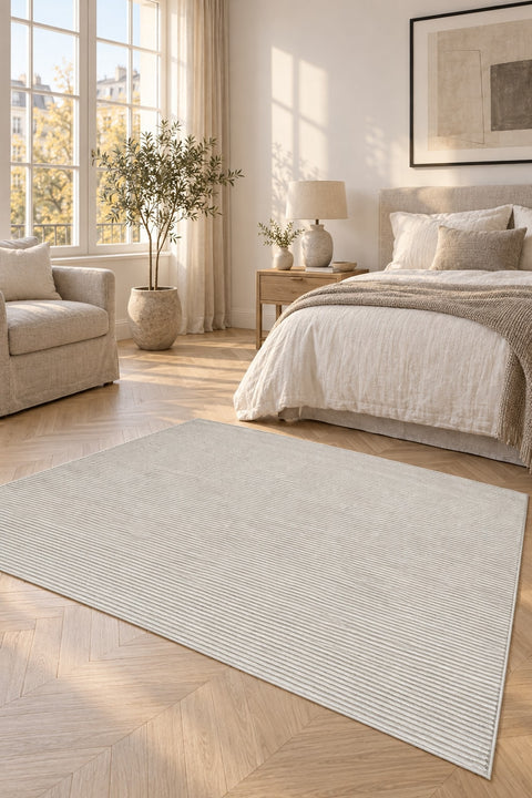 London Modern Shag Area Rug – Beige & Cream in a bedroom