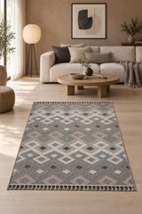 Loop Geometric Area Rug – Beige & Charcoal in a living room