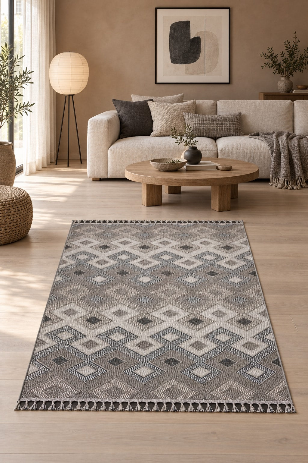 Loop Geometric Area Rug – Beige & Charcoal in a living room