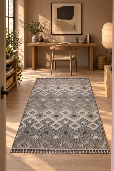 Loop Geometric Area Rug – Beige & Charcoal in a office