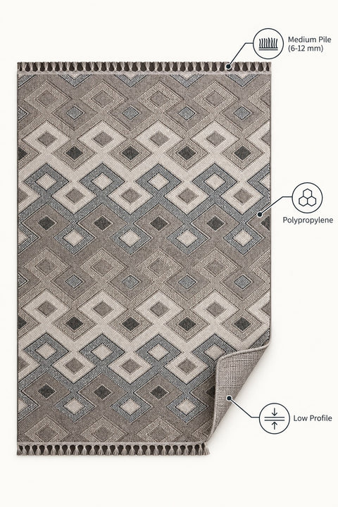 Loop Geometric Area Rug – Beige & Charcoal – features