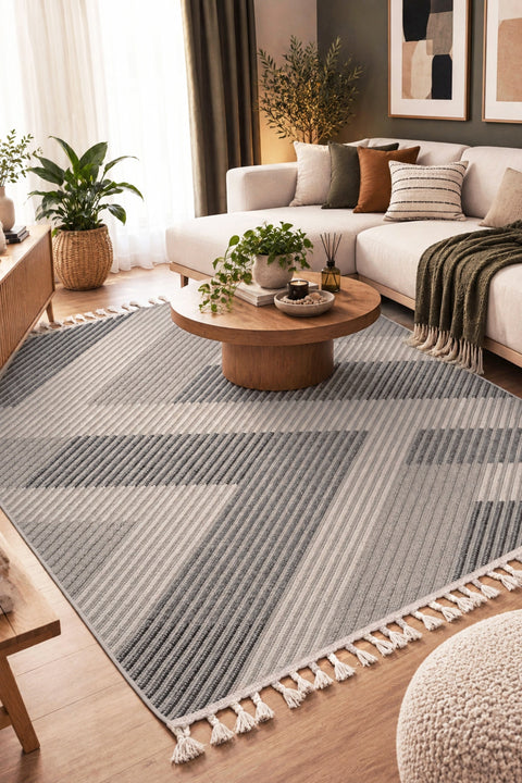 Loop Geometric Area Rug – Gray & Beige in a living room