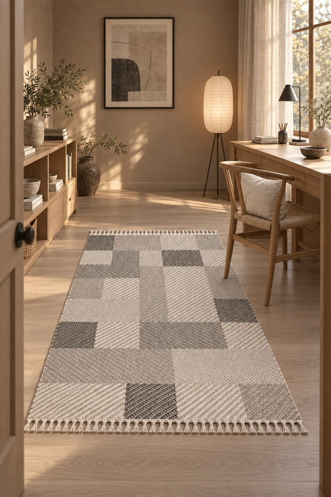 Loop Geometric Area Rug – Taupe & Gray in a office