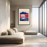 Lotus Landscape Modern Wall Art – Navy Mountains, Red Grid, and Waves