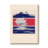 Lotus Landscape Modern Wall Art – Navy Mountains, Red Grid, and Waves