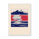 Lotus Landscape Modern Wall Art – Navy Mountains, Red Grid, and Waves
