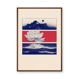 Lotus Landscape Modern Wall Art – Navy Mountains, Red Grid, and Waves