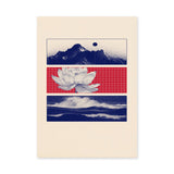 Lotus Landscape Modern Wall Art – Navy Mountains, Red Grid, and Waves