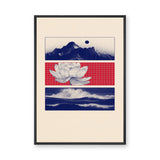 Lotus Landscape Modern Wall Art – Navy Mountains, Red Grid, and Waves