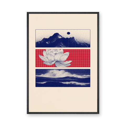 Lotus Landscape Modern Wall Art – Navy Mountains, Red Grid, and Waves