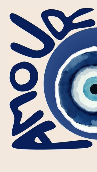 Love Evil Eye Typography Wall Art – Beige and Navy Boho Print