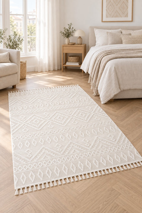 Malta Scandinavian Area Rug – Cream 2 in a bedroom