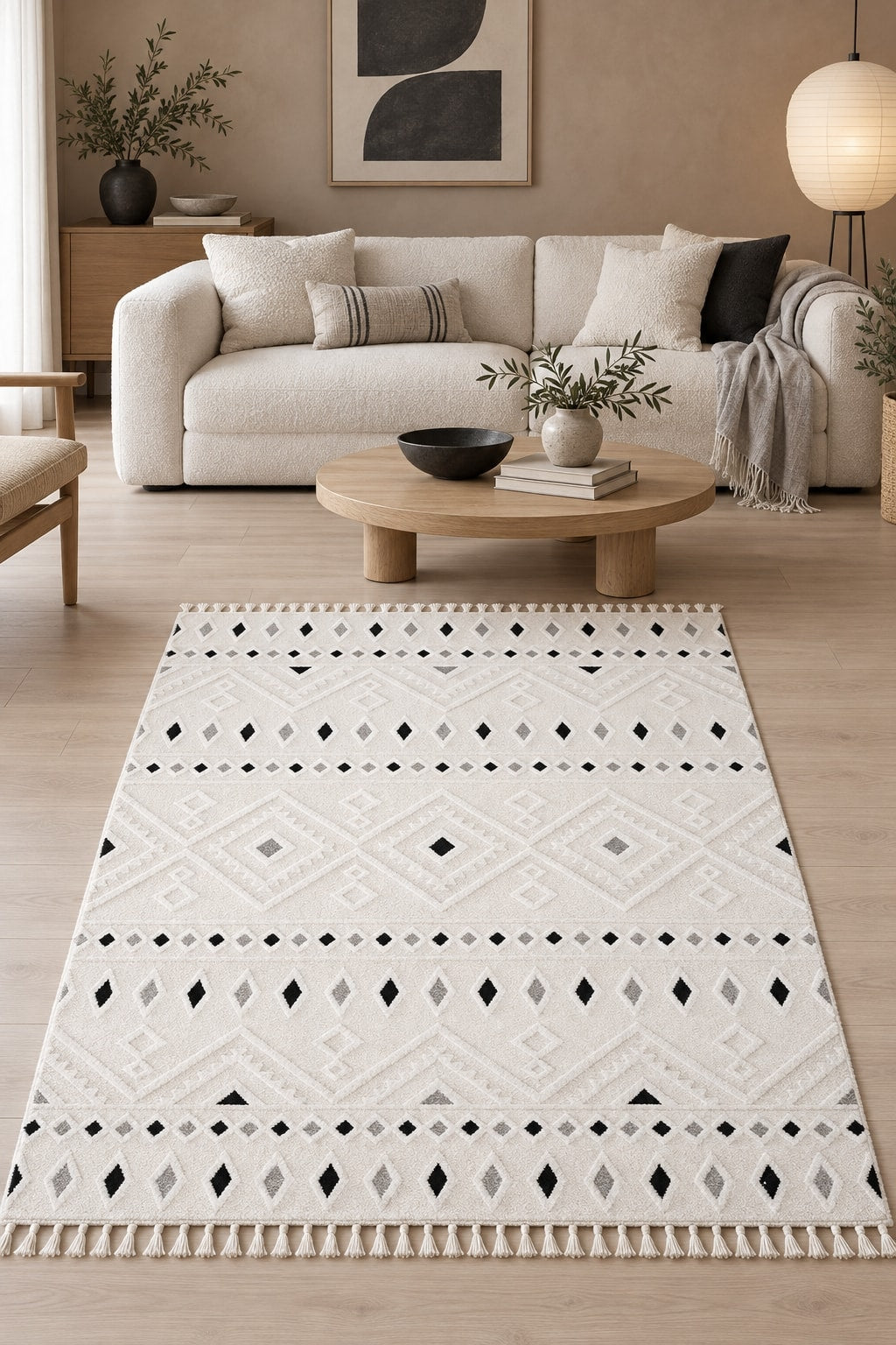 Malta Scandinavian Area Rug – Cream & Black 1 in a living room