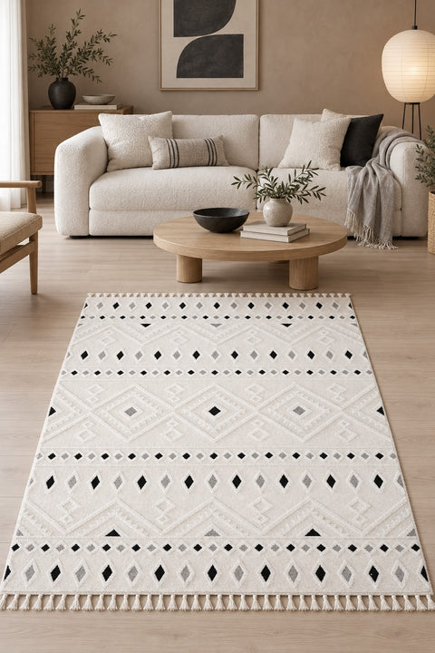 Malta Scandinavian Area Rug – Cream & Black 1 in a living room
