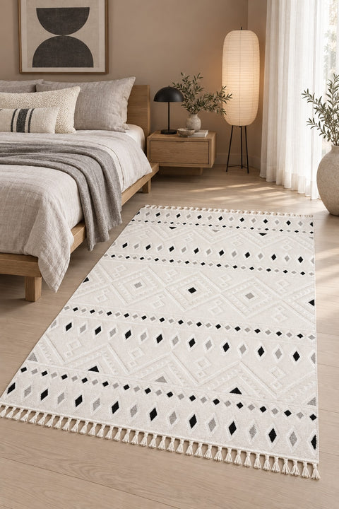 Malta Scandinavian Area Rug – Cream & Black 1 in a bedroom