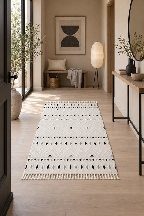 Malta Scandinavian Area Rug – Cream & Black 1 in a hallway