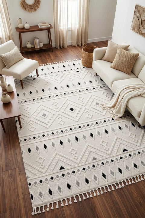 Malta Scandinavian Area Rug – Cream & Black 1 in a living room