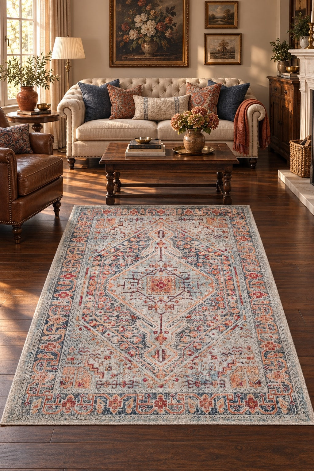 Medallion Modern Area Rug – Beige in a living room