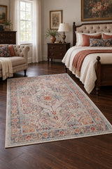 Medallion Modern Area Rug – Beige in a bedroom