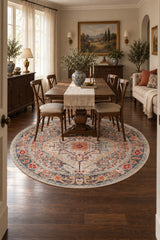 Medallion Modern Round Area Rug – Brown in a dining room