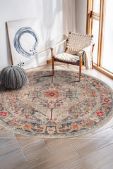 Medallion Modern Round Area Rug – Brown in a living room