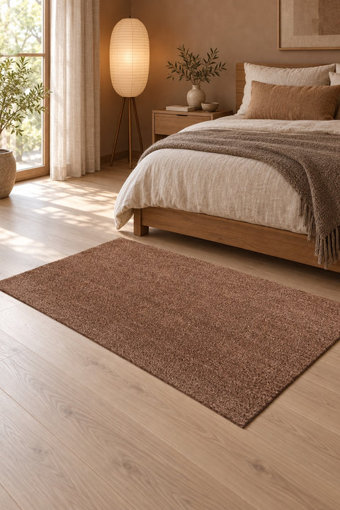 Mest Modern Plush Area Rug – Dark Brown in a bedroom