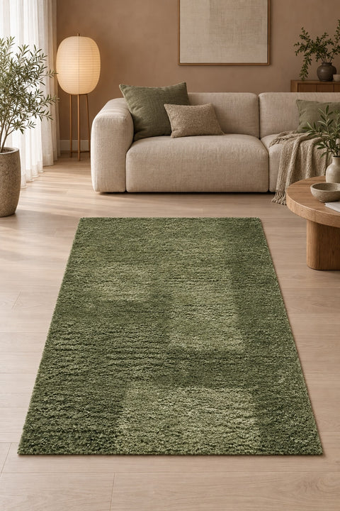 Mest Modern Plush Area Rug – Shimmering Green in a living room