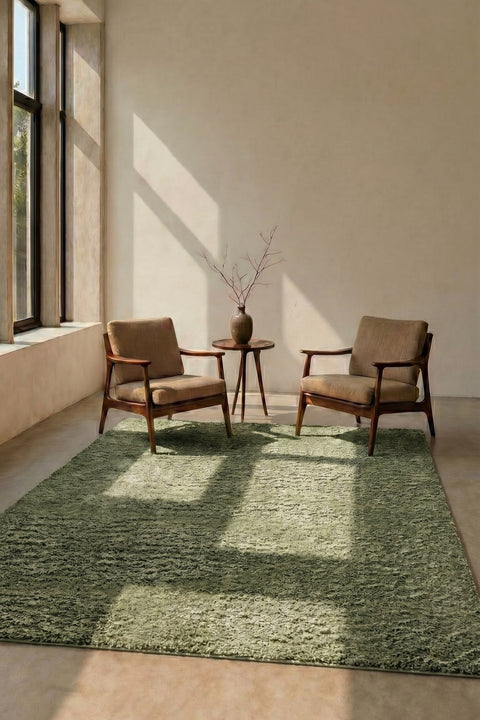 Mest Modern Plush Area Rug – Shimmering Green in a living room
