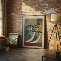 Mid-Century Japanese Blue Bird Illustration, Retro Simple Animal Artwork, Nostalgic Contemporary Wall Décor Poster Decor
