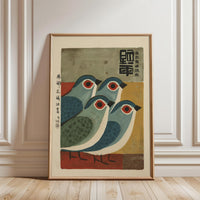 Mid-Century Japanese Blue Bird Illustration, Retro Simple Animal Artwork, Nostalgic Contemporary Wall Décor Poster Decor