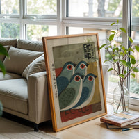 Mid-Century Japanese Blue Bird Illustration, Retro Simple Animal Artwork, Nostalgic Contemporary Wall Décor Poster Decor