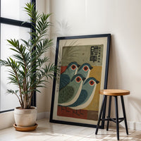 Mid-Century Japanese Blue Bird Illustration, Retro Simple Animal Artwork, Nostalgic Contemporary Wall Décor Poster Decor