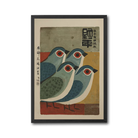 Mid-Century Japanese Blue Bird Illustration, Retro Simple Animal Artwork, Nostalgic Contemporary Wall Décor Poster Decor