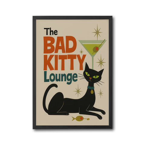 Mid Century Contemporary Cat Art Retro Decor - Bad Kitty Lounge Print - Cat Lover Gift Wall Décor Poster - Retro Style Cat Artwork