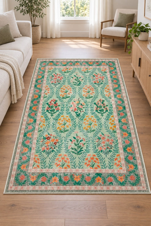 Mitos Ethnic Vintage Area Rug – Green in a living room