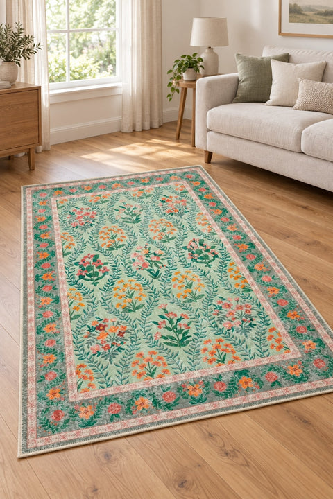 Mitos Ethnic Vintage Area Rug – Green in a living room