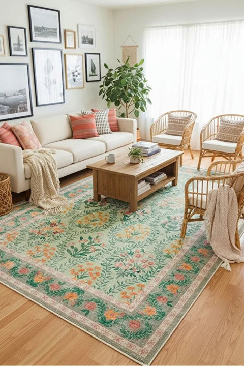 Mitos Ethnic Vintage Area Rug – Green in a living room