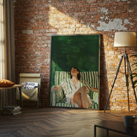 Sleek Figurative Wall Poster of Relaxed Woman in Striped Dress with Green and White Chair, Oversized Contemporary Artwork