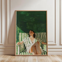 Sleek Figurative Wall Poster of Relaxed Woman in Striped Dress with Green and White Chair, Oversized Contemporary Artwork