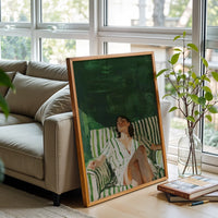 Sleek Figurative Wall Poster of Relaxed Woman in Striped Dress with Green and White Chair, Oversized Contemporary Artwork