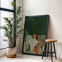 Sleek Figurative Wall Poster of Relaxed Woman in Striped Dress with Green and White Chair, Oversized Contemporary Artwork