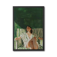 Sleek Figurative Wall Poster of Relaxed Woman in Striped Dress with Green and White Chair, Oversized Contemporary Artwork