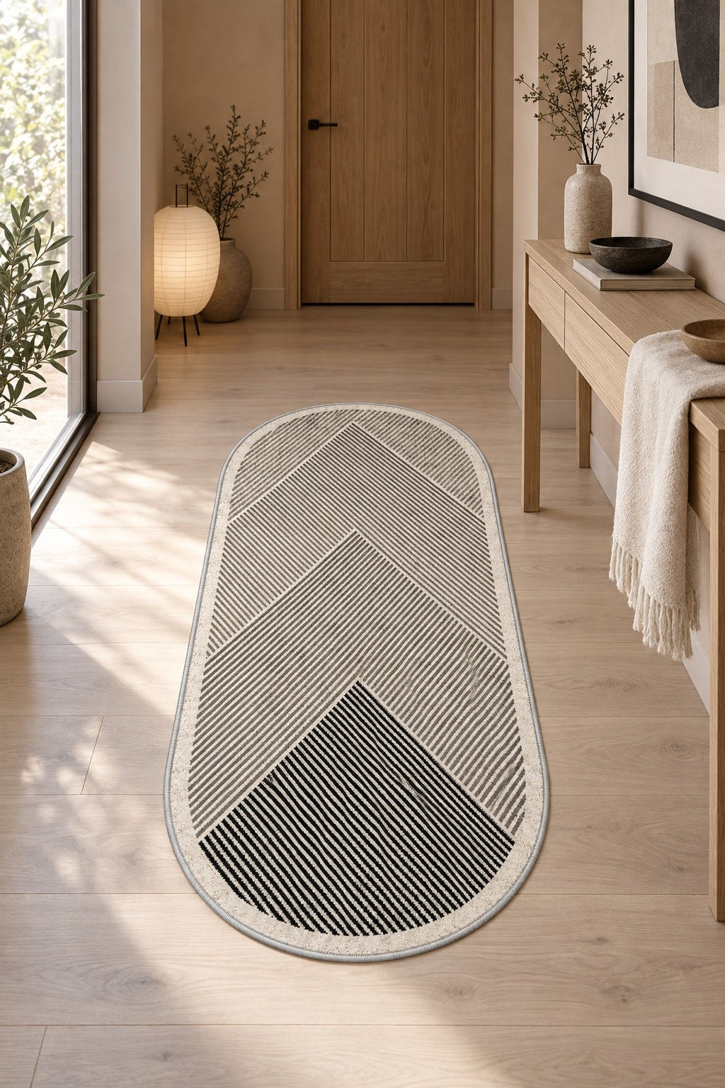 Modern Oval Kitchen Rug – Beige in a hallway