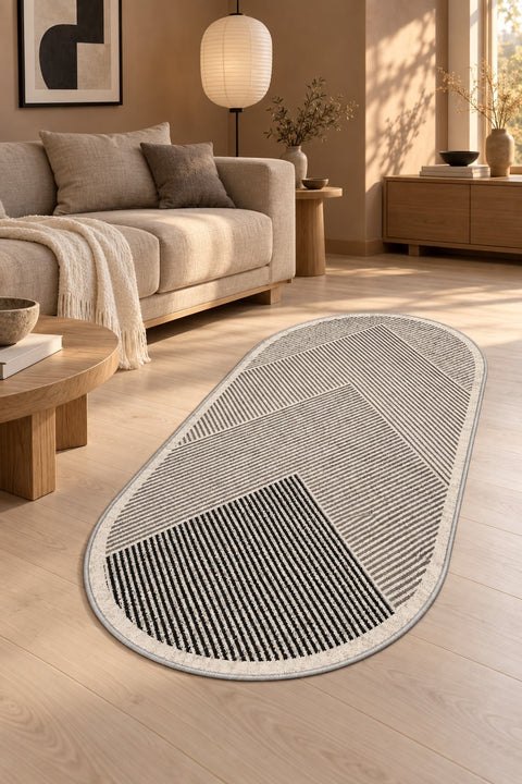Modern Oval Kitchen Rug – Beige in a living room