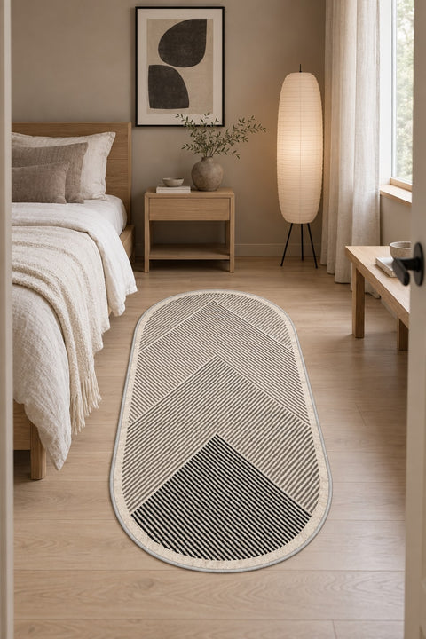 Modern Oval Kitchen Rug – Beige in a bedroom